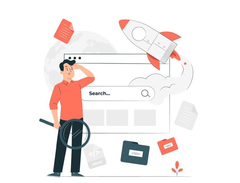 the person holding a magnifying glass searching for keywords, with a rocket launch